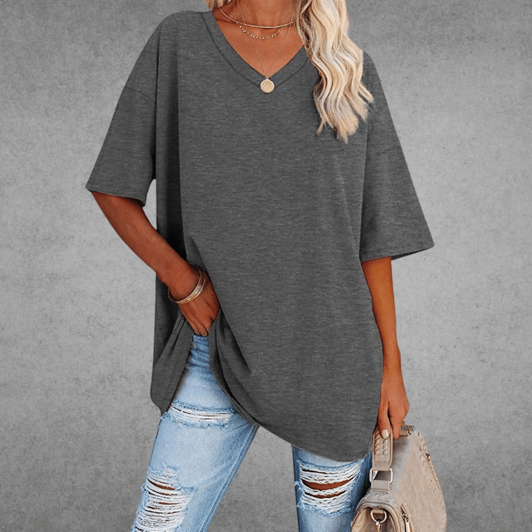 T-shirt Femme Col V Oversize Manches Courtes Coupe Ample Décontractée - Hiverline