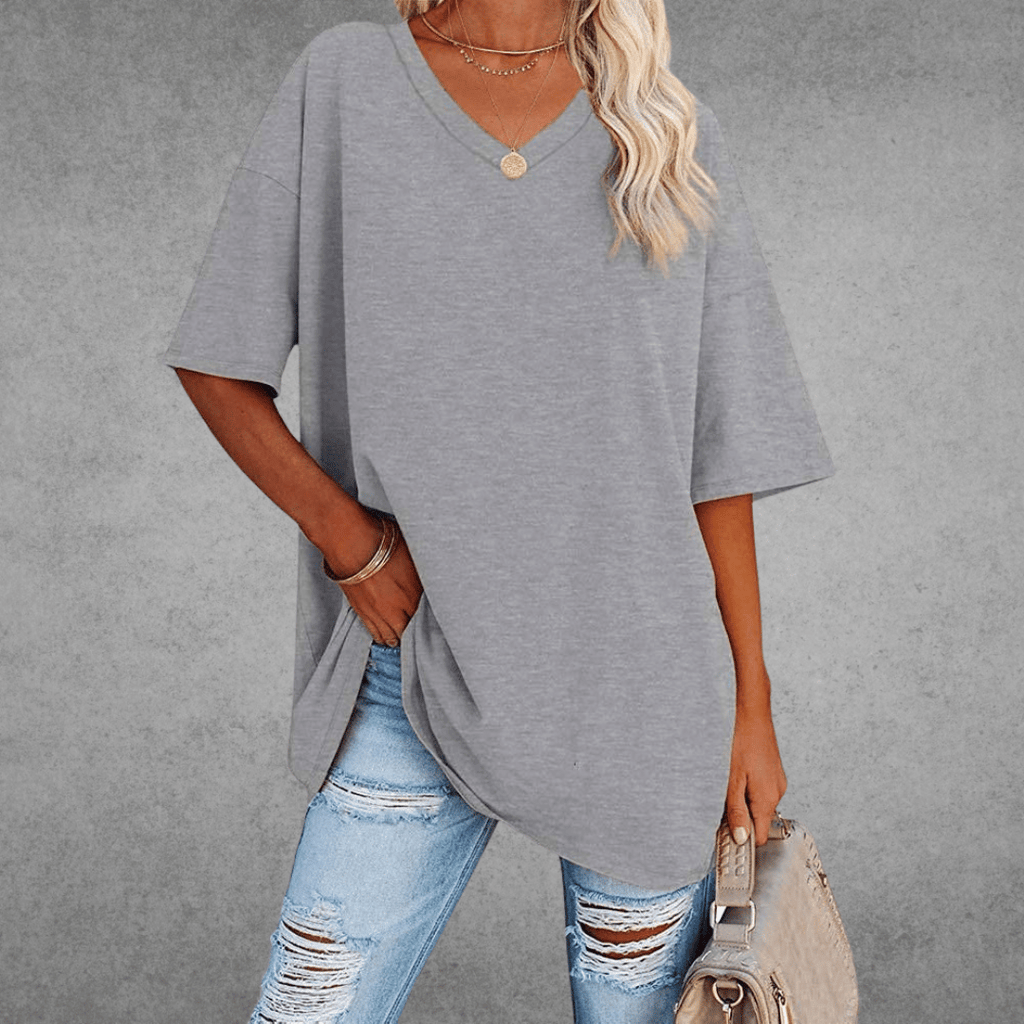 T-shirt Femme Col V Oversize Manches Courtes Coupe Ample Décontractée - Hiverline