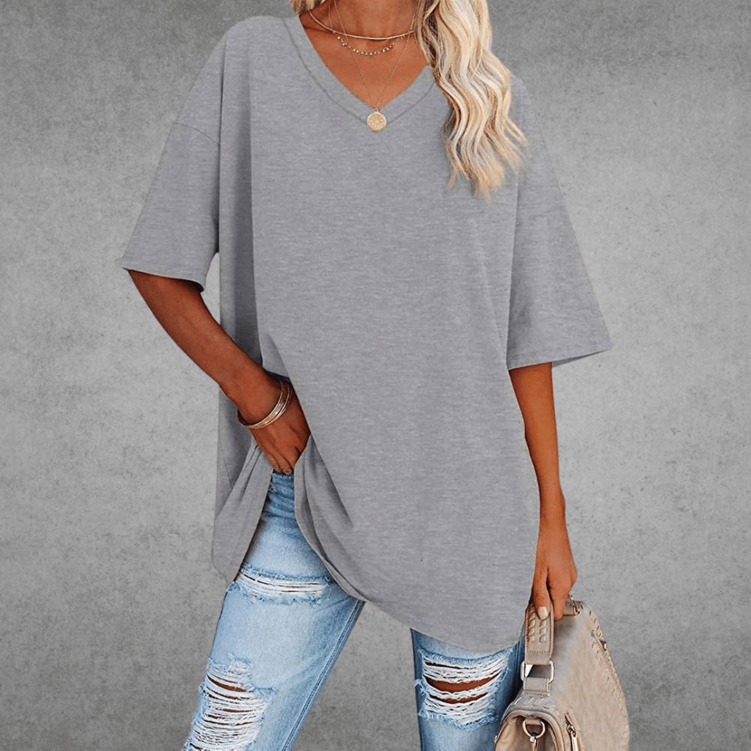 T-shirt Femme Col V Oversize Manches Courtes Coupe Ample Décontractée - Hiverline