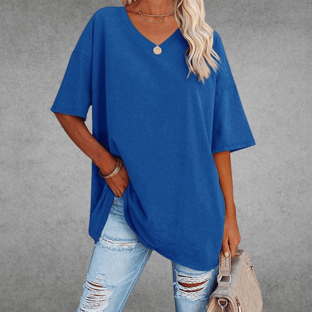 T-shirt Femme Col V Oversize Manches Courtes Coupe Ample Décontractée - Hiverline