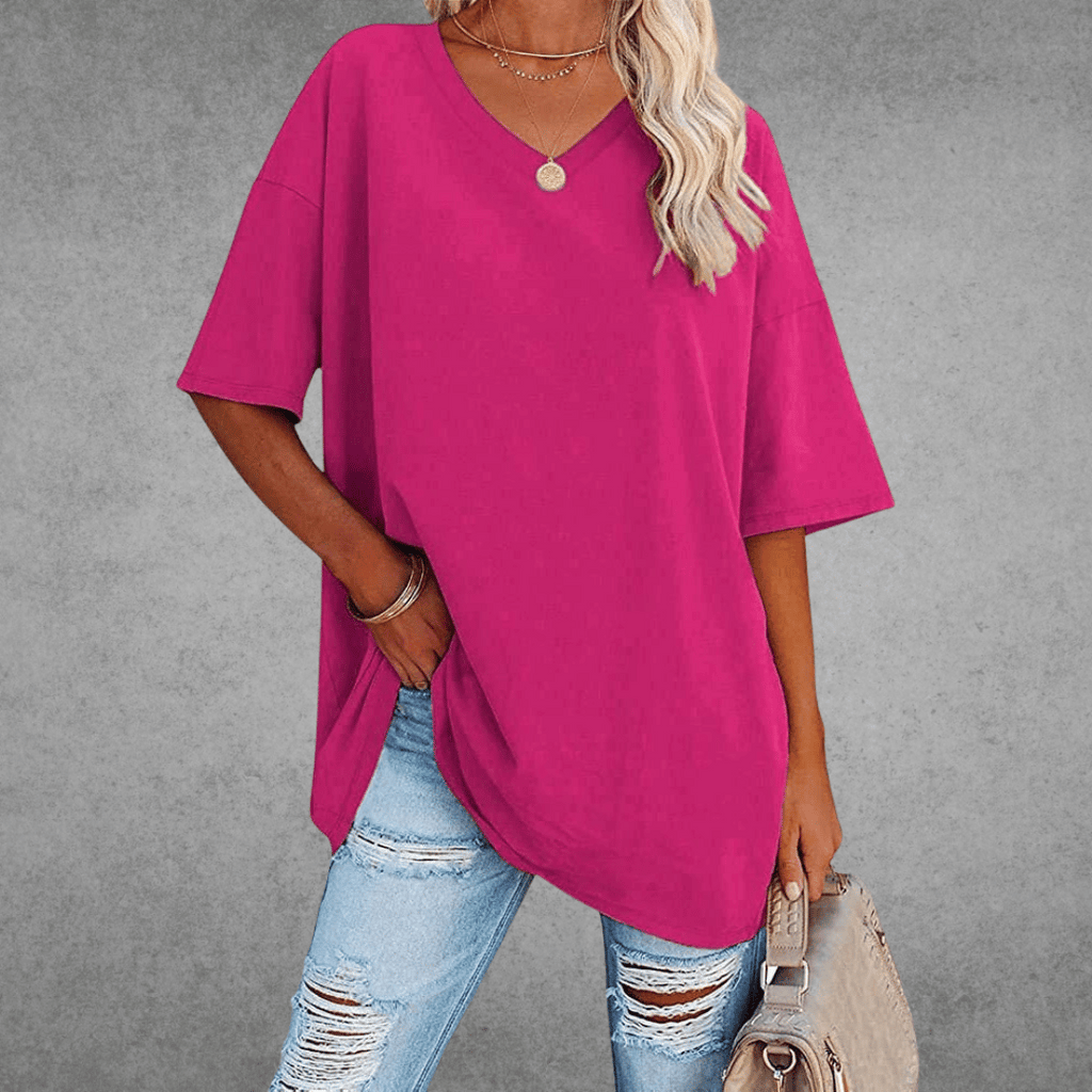 T-shirt Femme Col V Oversize Manches Courtes Coupe Ample Décontractée - Hiverline