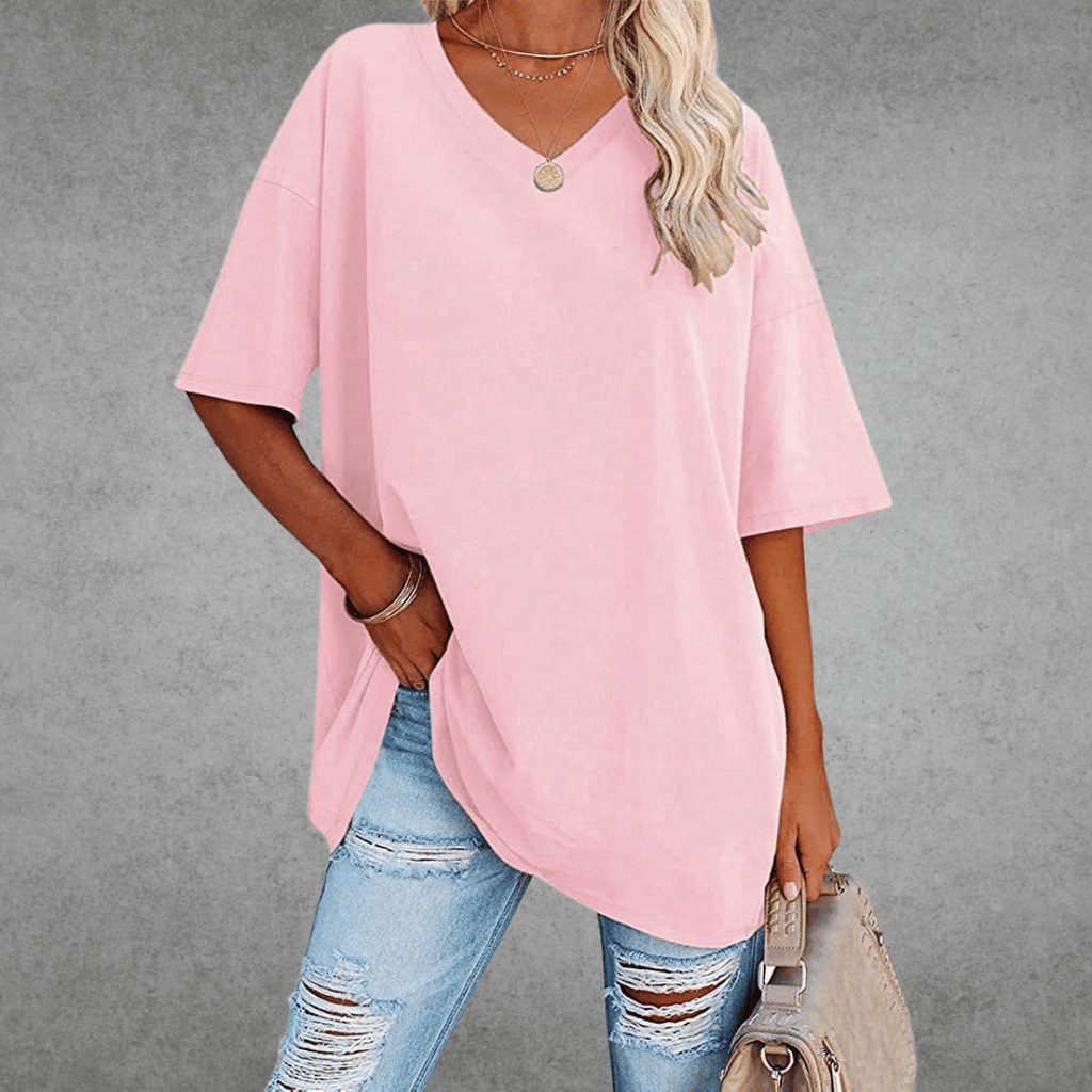 T-shirt Femme Col V Oversize Manches Courtes Coupe Ample Décontractée - Hiverline