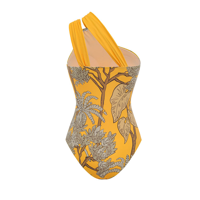 Ensemble Maillot de Bain Une Pièce Épaule Dénudée Imprimé Floral Tropical Jaune Jupe Longue Plage Resort Vacances – Soleiha