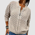 Veste Bomber Femme en Tricot Ajouré Zippée Casual Superposition - Hiverline