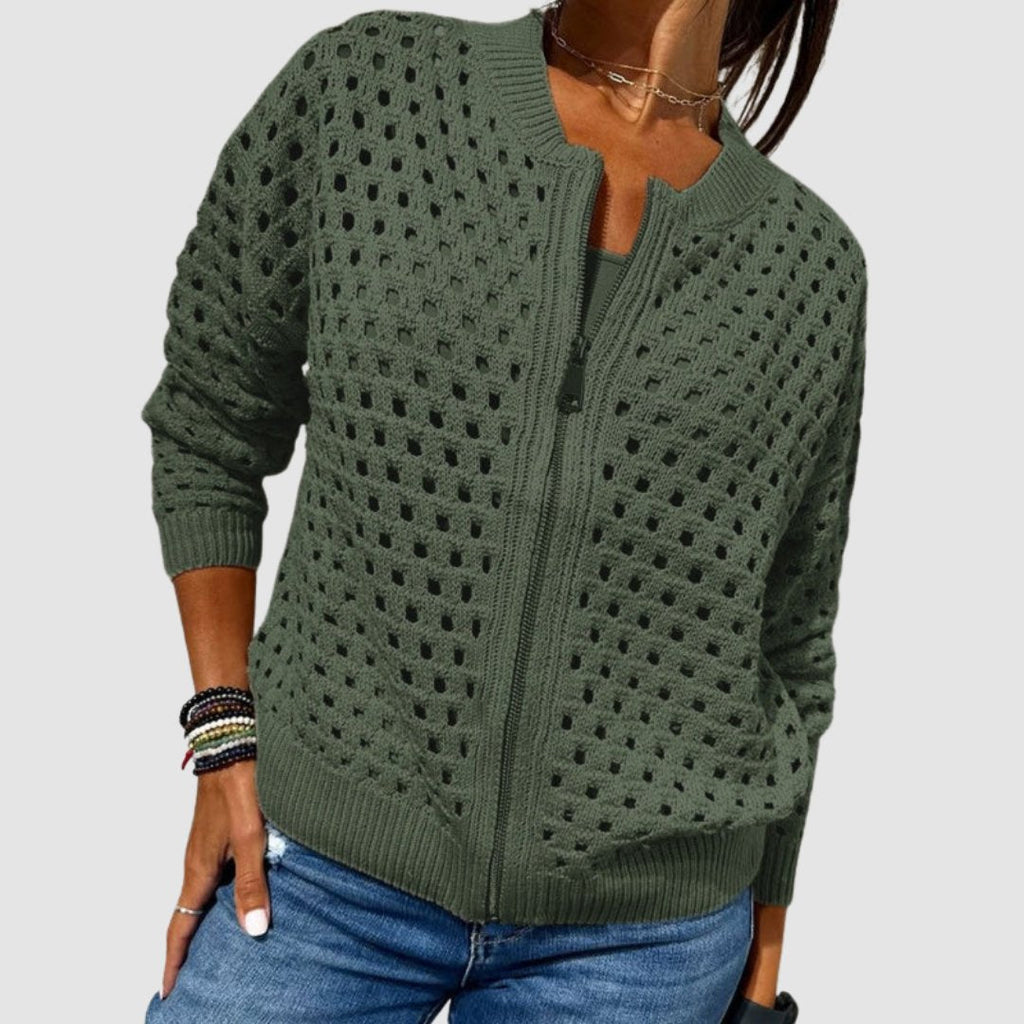 Veste Bomber Femme en Tricot Ajouré Zippée Casual Superposition - Hiverline