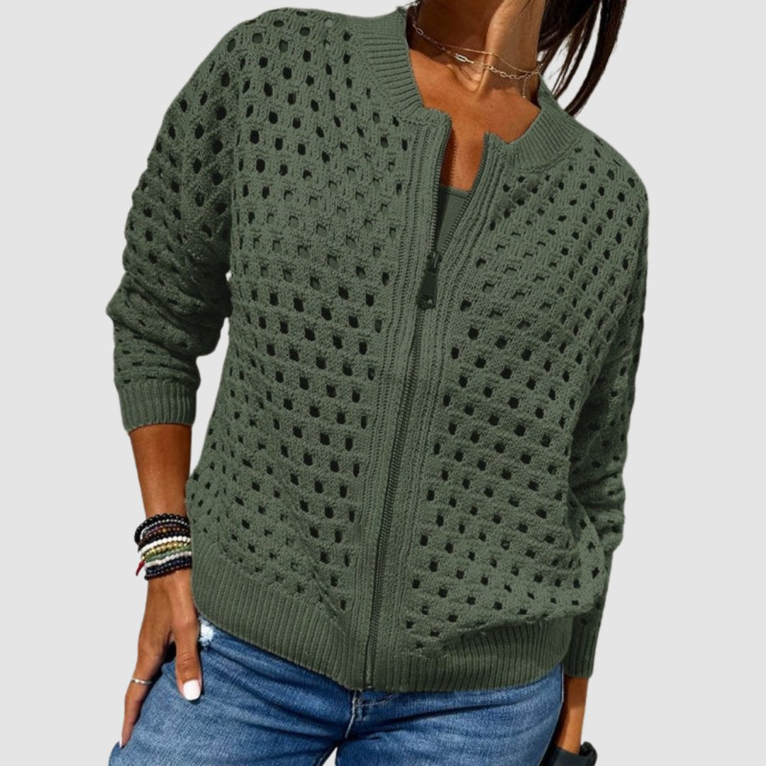 Veste Bomber Femme en Tricot Ajouré Zippée Casual Superposition - Hiverline