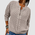 Veste Bomber Femme en Tricot Ajouré Zippée Casual Superposition - Hiverline