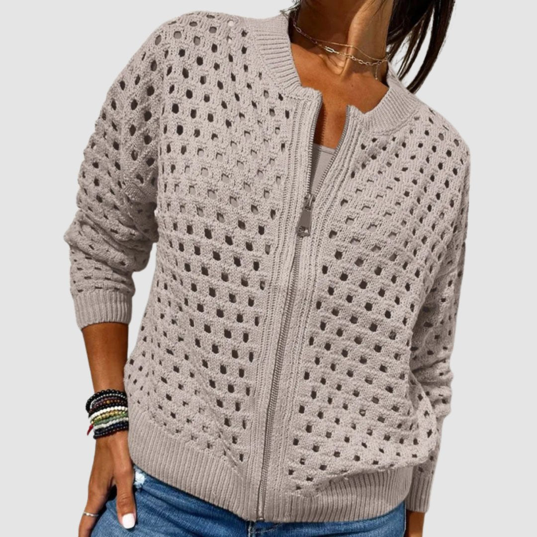 Veste Bomber Femme en Tricot Ajouré Zippée Casual Superposition - Hiverline