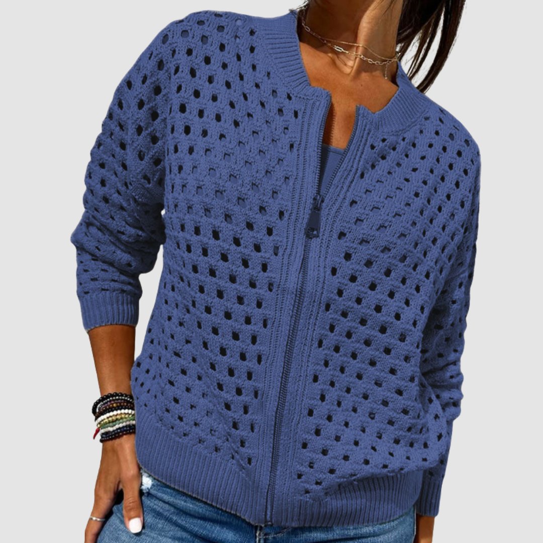 Veste Bomber Femme en Tricot Ajouré Zippée Casual Superposition - Hiverline