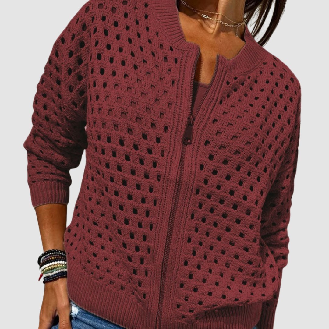 Veste Bomber Femme en Tricot Ajouré Zippée Casual Superposition - Hiverline