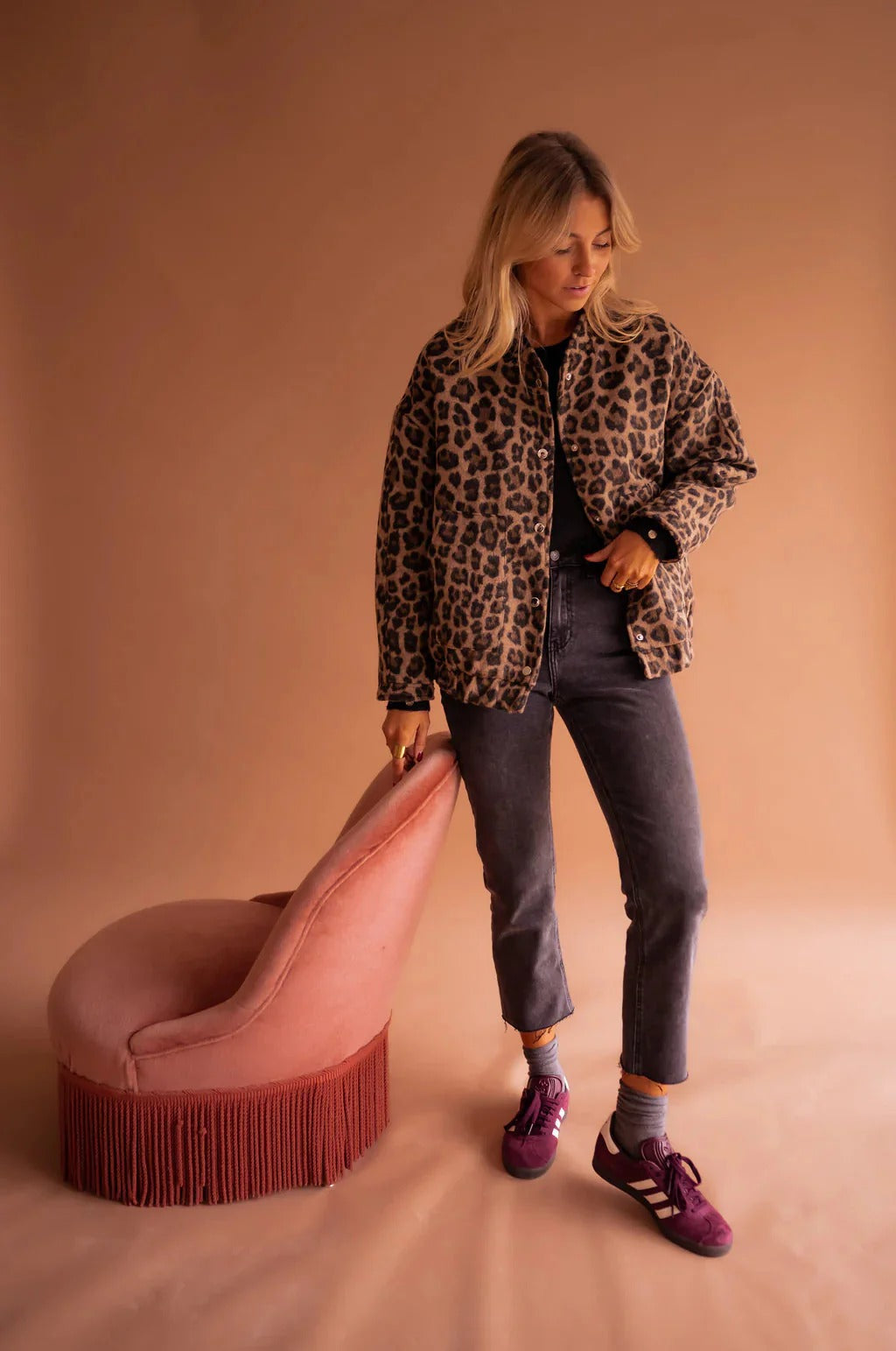 Veste Bomber Femme Imprimé Léopard Fermeture Boutons-Pression Casual Automne - Hiverline