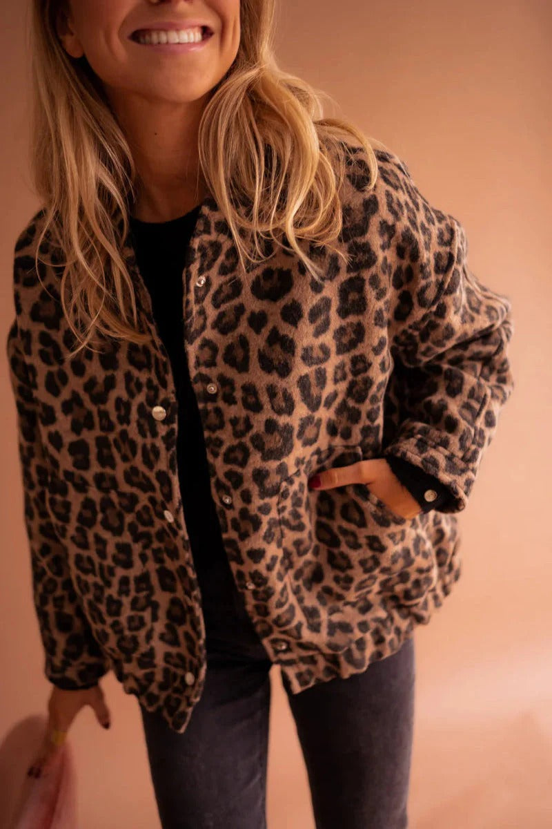 Veste Bomber Femme Imprimé Léopard Fermeture Boutons-Pression Casual Automne - Hiverline