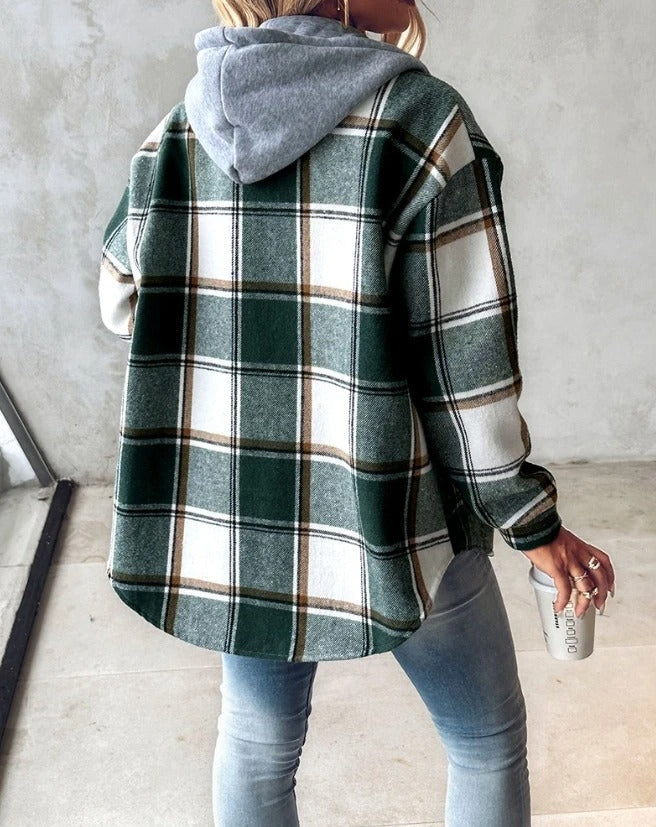 Veste Chemise Femme à Carreaux Flanelle Capuche Casual Automne Hiver - Hiverline