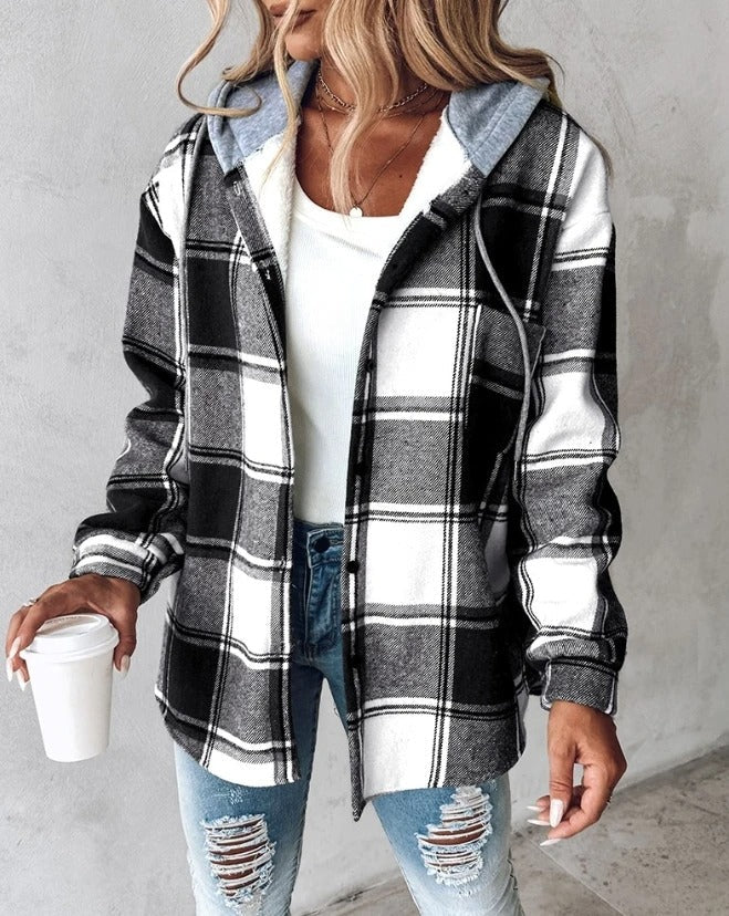 Veste Chemise Femme à Carreaux Flanelle Capuche Casual Automne Hiver - Hiverline