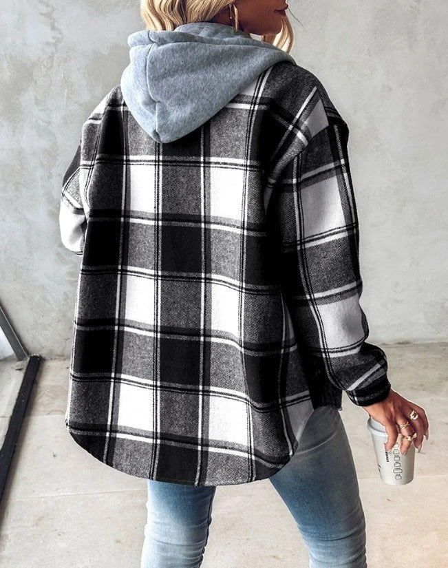 Veste Chemise Femme à Carreaux Flanelle Capuche Casual Automne Hiver - Hiverline