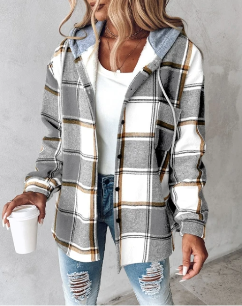 Veste Chemise Femme à Carreaux Flanelle Capuche Casual Automne Hiver - Hiverline