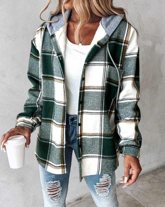 Veste Chemise Femme à Carreaux Flanelle Capuche Casual Automne Hiver - Hiverline