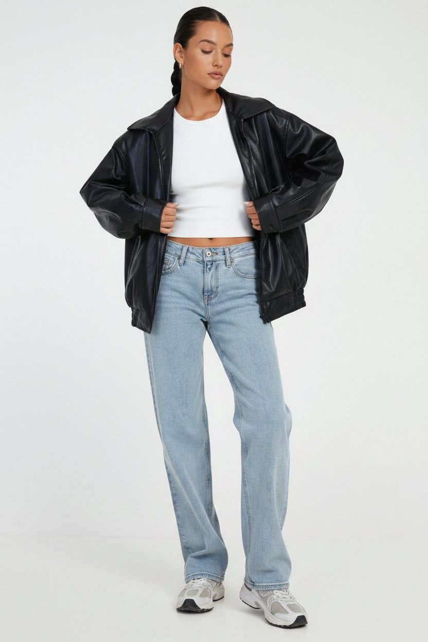 Veste en Cuir PU Femme Coupe Oversize Bomber Casual Automne Hiver - Hiverline