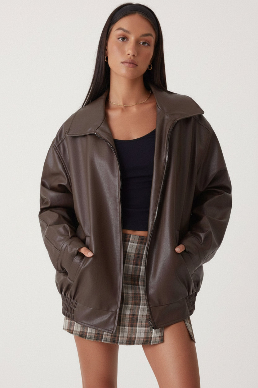 Veste en Cuir PU Femme Coupe Oversize Bomber Casual Automne Hiver - Hiverline
