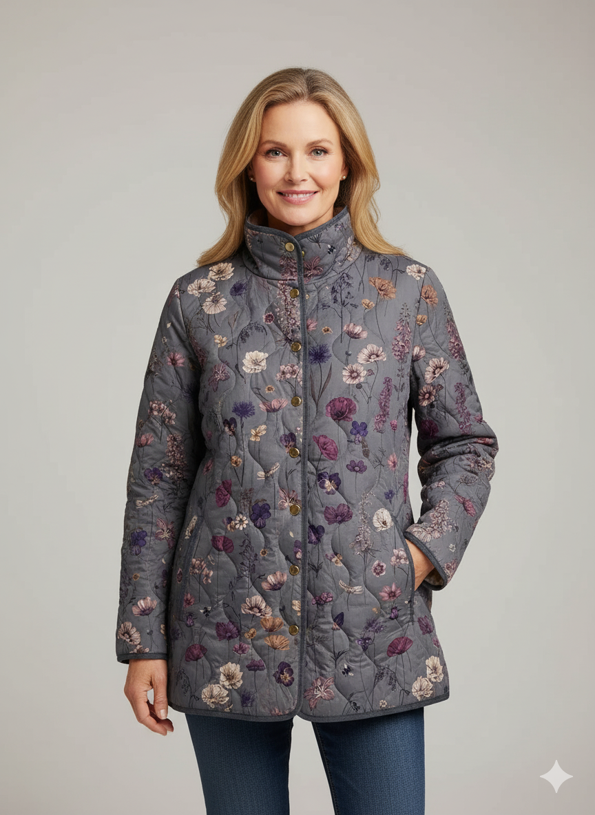 Veste Femme à Imprimé Fleurs Sauvages Matelassage en Losanges Col Montant - Hiverline
