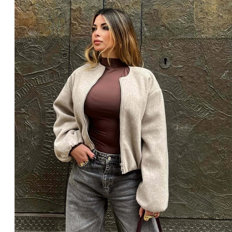 Veste Femme Courte à Fermeture Éclair et Manches Ballons - Hiverline