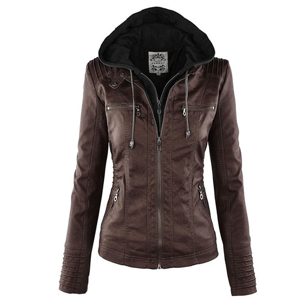 Veste Femme en Simili Cuir à Capuche Amovible Blouson Moto Zippé - Hiverline