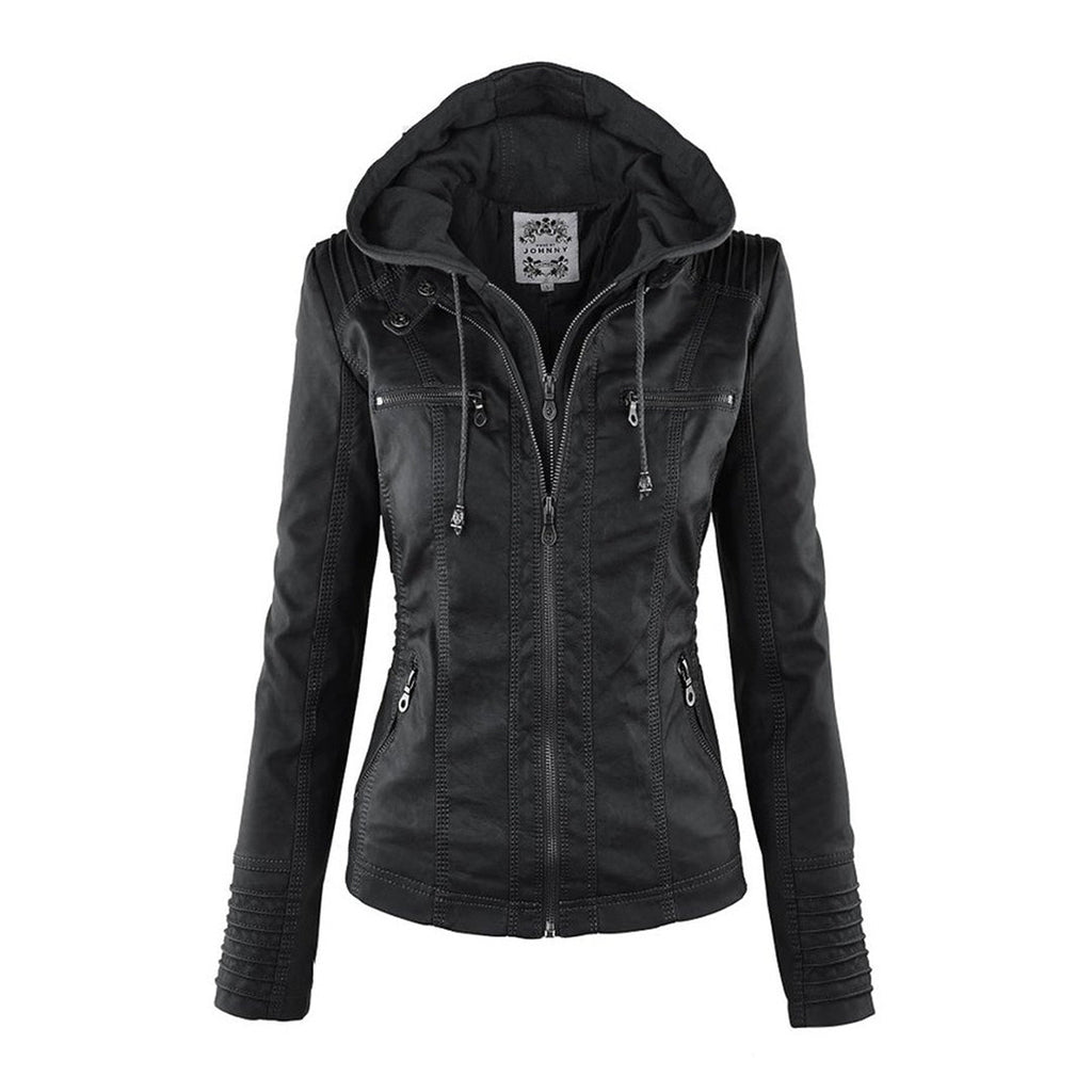 Veste Femme en Simili Cuir à Capuche Amovible Blouson Moto Zippé - Hiverline