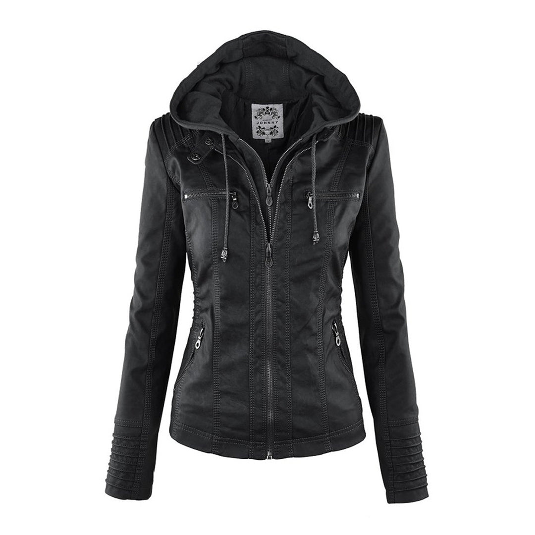 Veste Femme en Simili Cuir à Capuche Amovible Blouson Moto Zippé - Hiverline
