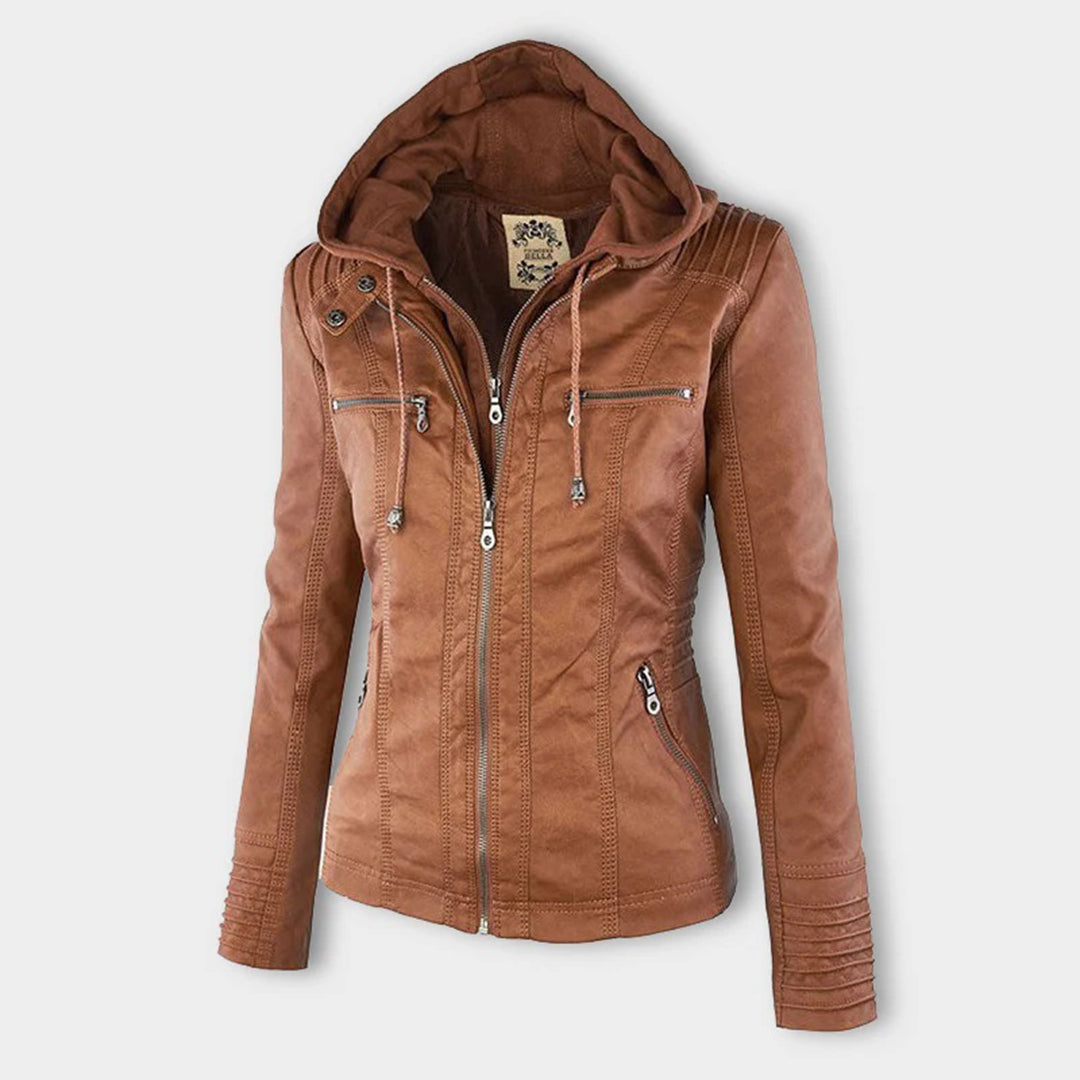 Veste Femme en Simili Cuir à Capuche Amovible Blouson Moto Zippé - Hiverline