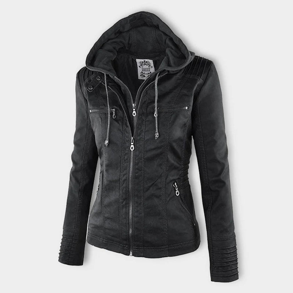 Veste Femme en Simili Cuir à Capuche Amovible Blouson Moto Zippé - Hiverline