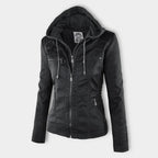 Veste Femme en Simili Cuir à Capuche Amovible Blouson Moto Zippé - Hiverline