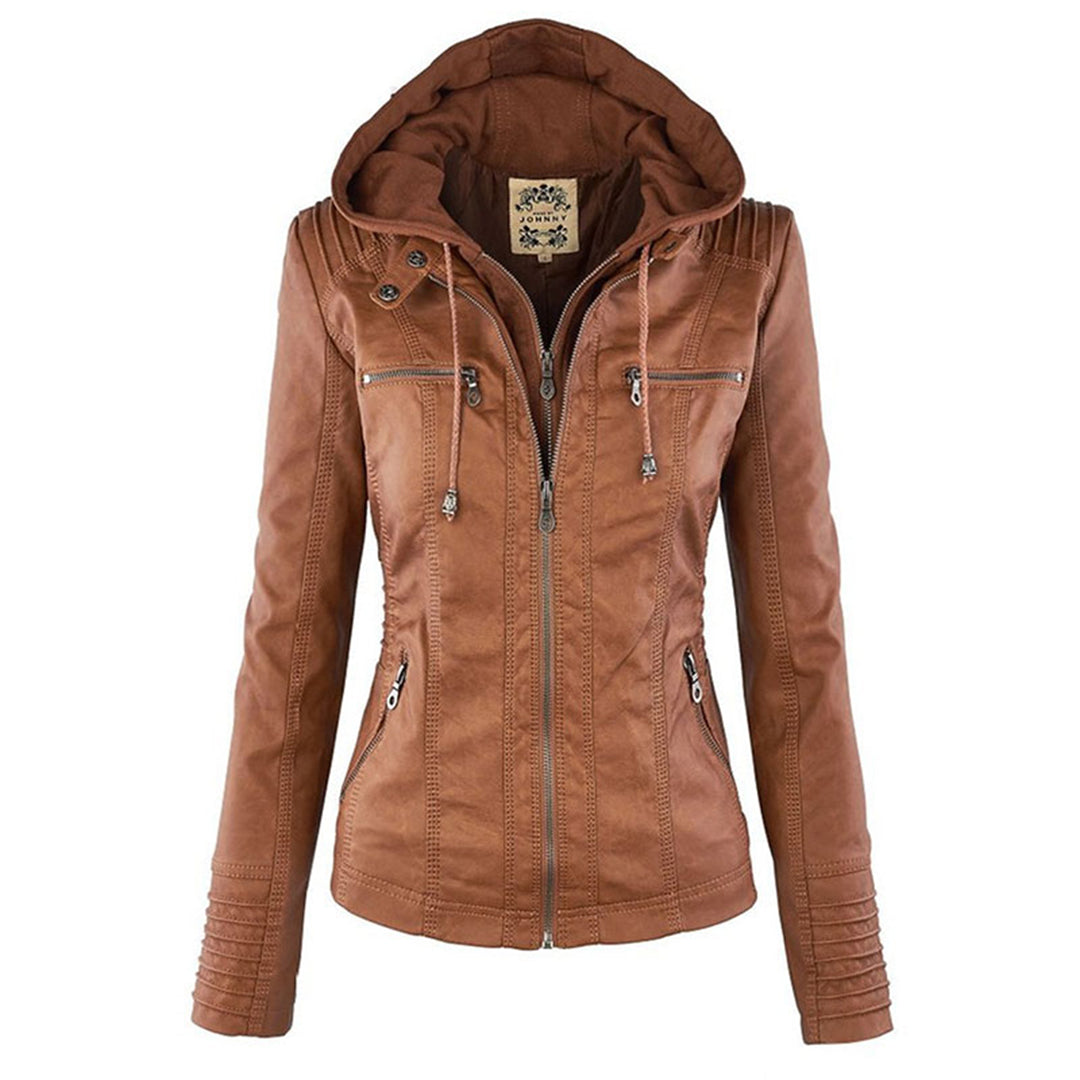 Veste Femme en Simili Cuir à Capuche Amovible Blouson Moto Zippé - Hiverline