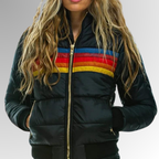 Veste Matelassée Femme à Capuche – Bandes Multicolores et Fermeture Éclair - Hiverline