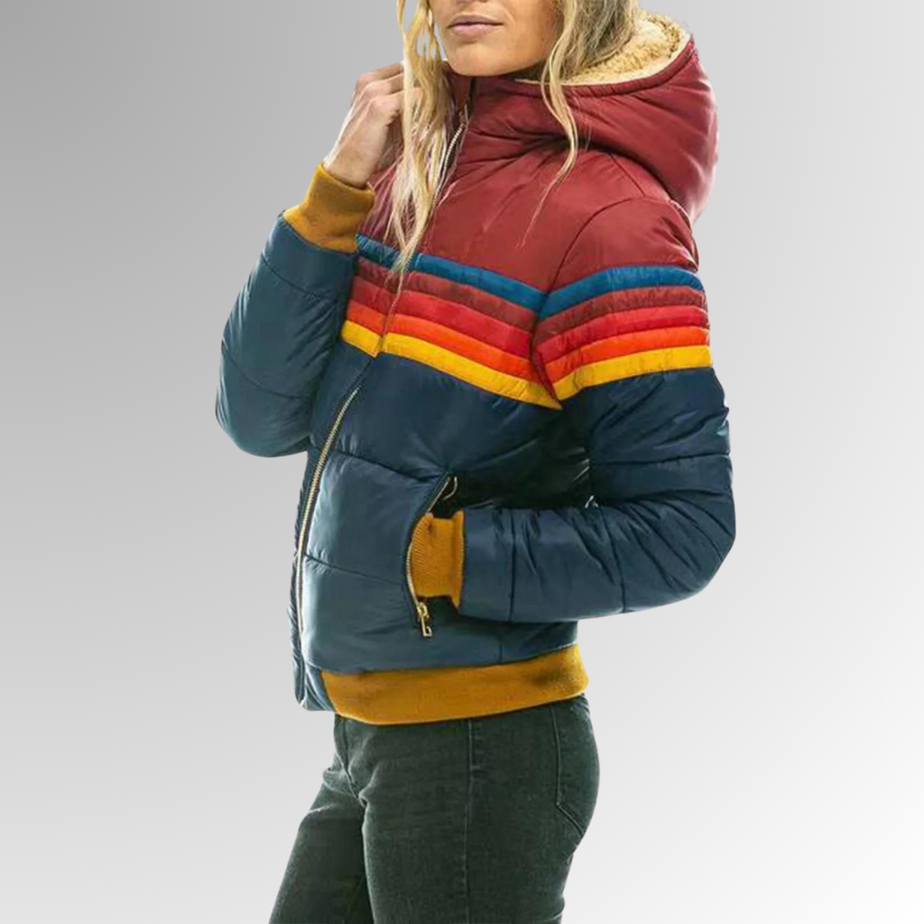 Veste Matelassée Femme à Capuche – Bandes Multicolores et Fermeture Éclair - Hiverline