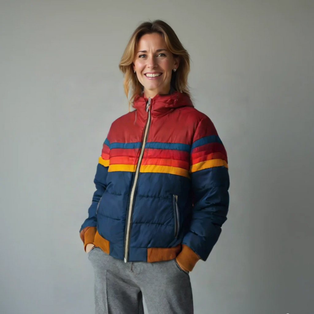 Veste Matelassée Femme à Capuche – Bandes Multicolores et Fermeture Éclair - Hiverline