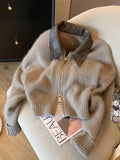 Veste Pull Zippé Femme Col Polo Cuir Bomber Tricoté Court Casual Hiver - Hiverline