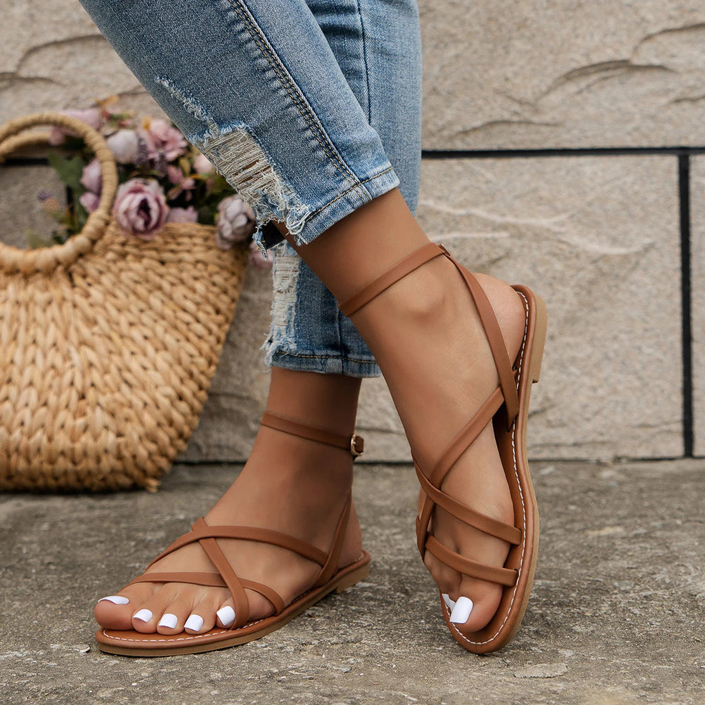 Flache Orthopädische Sandalen mit Riemen für Damen, Crossover, Lässig, Sommer, Strand, Bequem, Alltag – Michelle