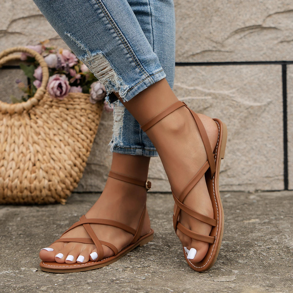 Flache Orthopädische Sandalen mit Riemen für Damen, Crossover, Lässig, Sommer, Strand, Bequem, Alltag – Michelle