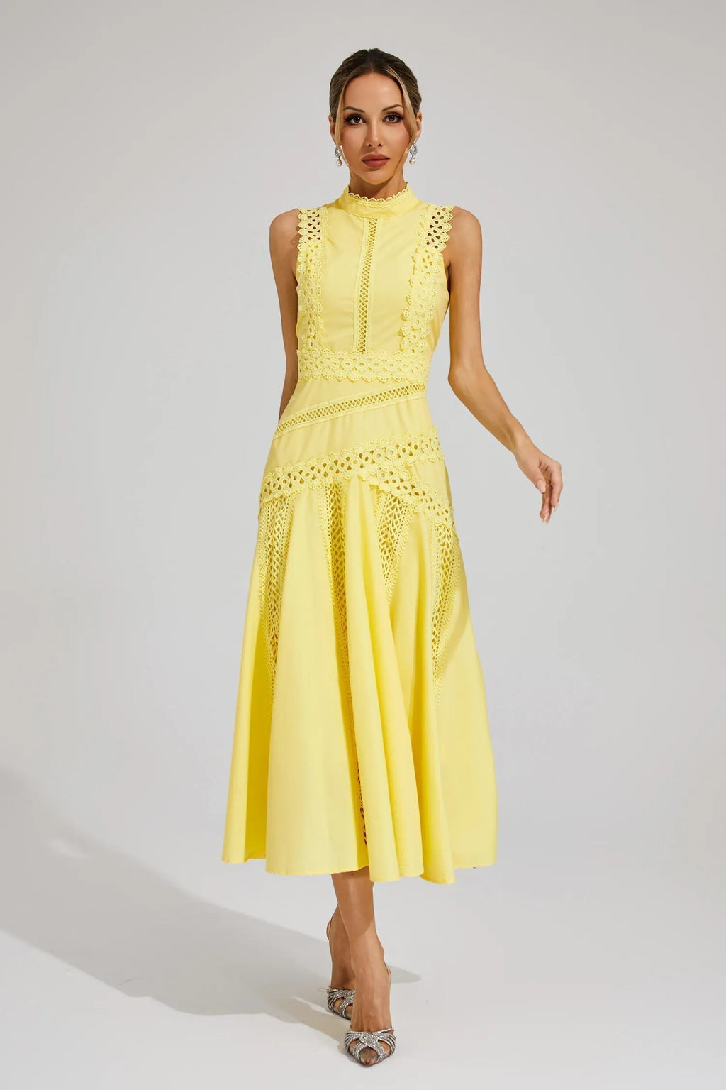 Robe Midi Sans Manches en Dentelle pour Femmes Invitées de Mariage Été Formelle Élégante Structurée – Olivia