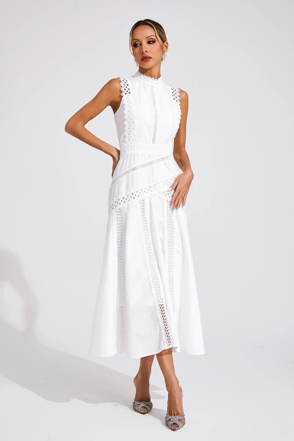 Robe Midi Sans Manches en Dentelle pour Femmes Invitées de Mariage Été Formelle Élégante Structurée – Olivia
