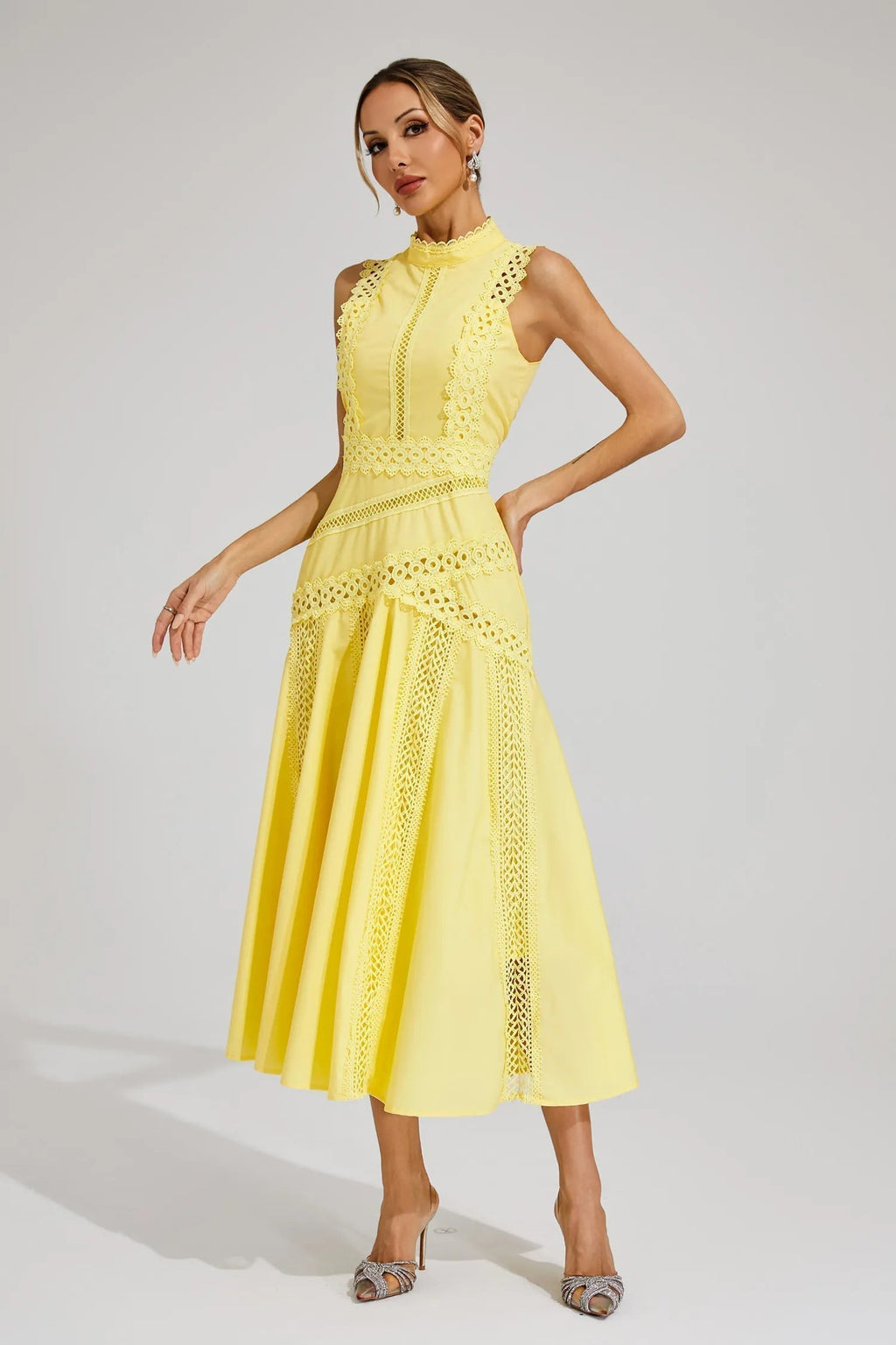 Robe Midi Sans Manches en Dentelle pour Femmes Invitées de Mariage Été Formelle Élégante Structurée – Olivia