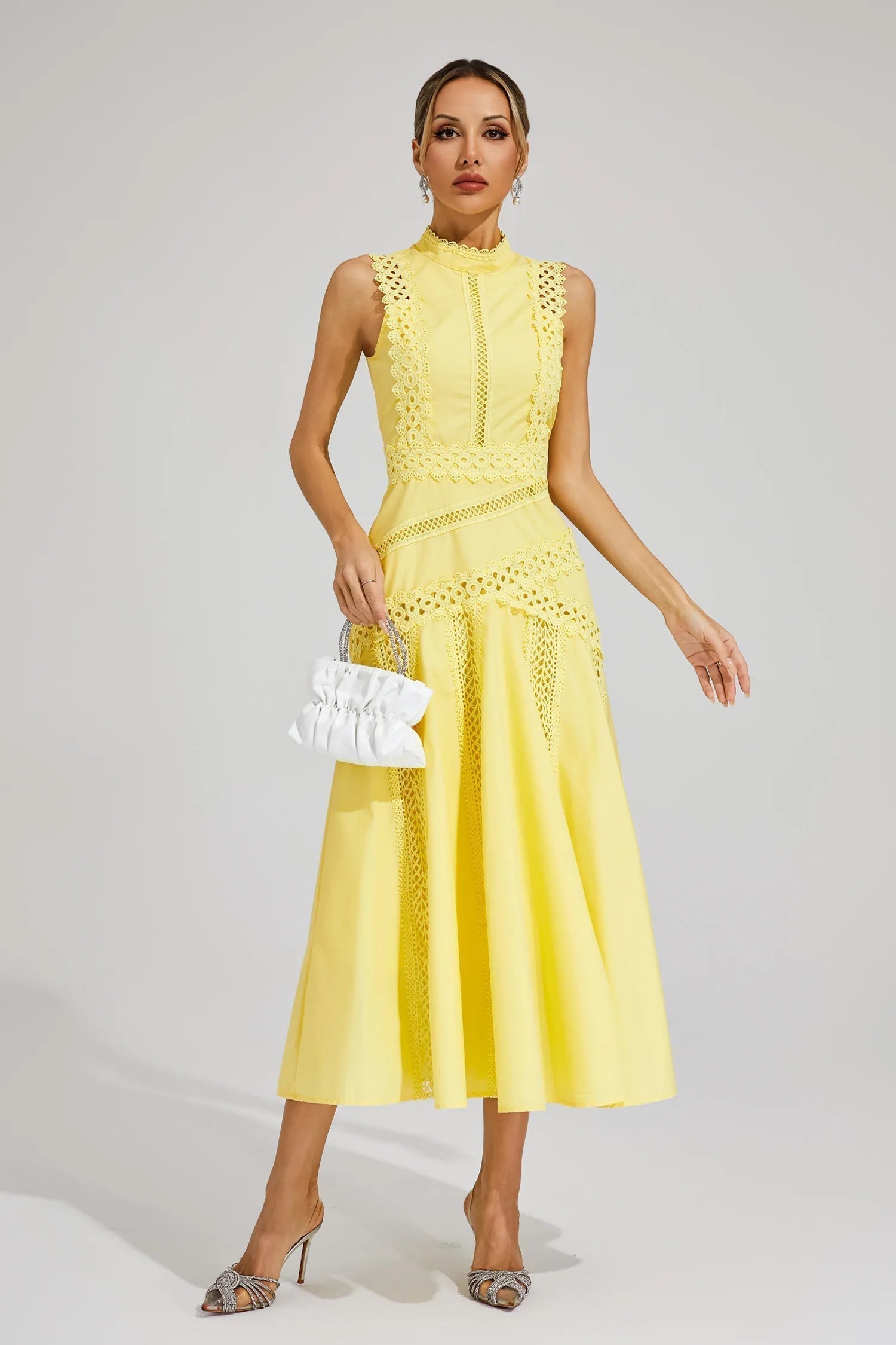 Robe Midi Sans Manches en Dentelle pour Femmes Invitées de Mariage Été Formelle Élégante Structurée – Olivia