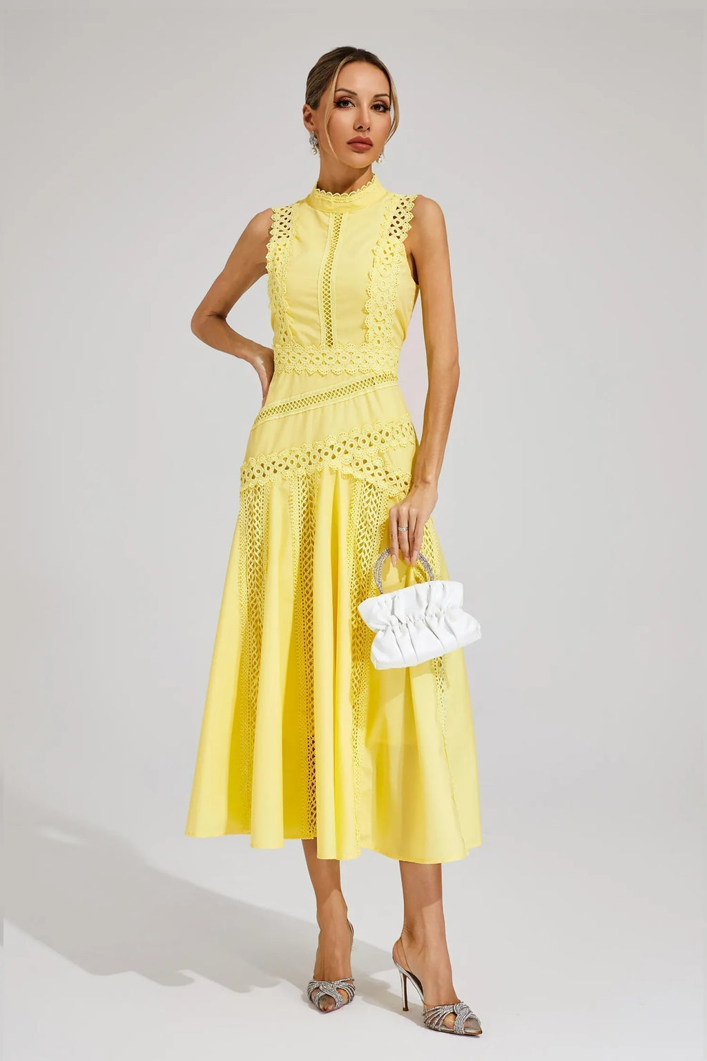 Robe Midi Sans Manches en Dentelle pour Femmes Invitées de Mariage Été Formelle Élégante Structurée – Olivia